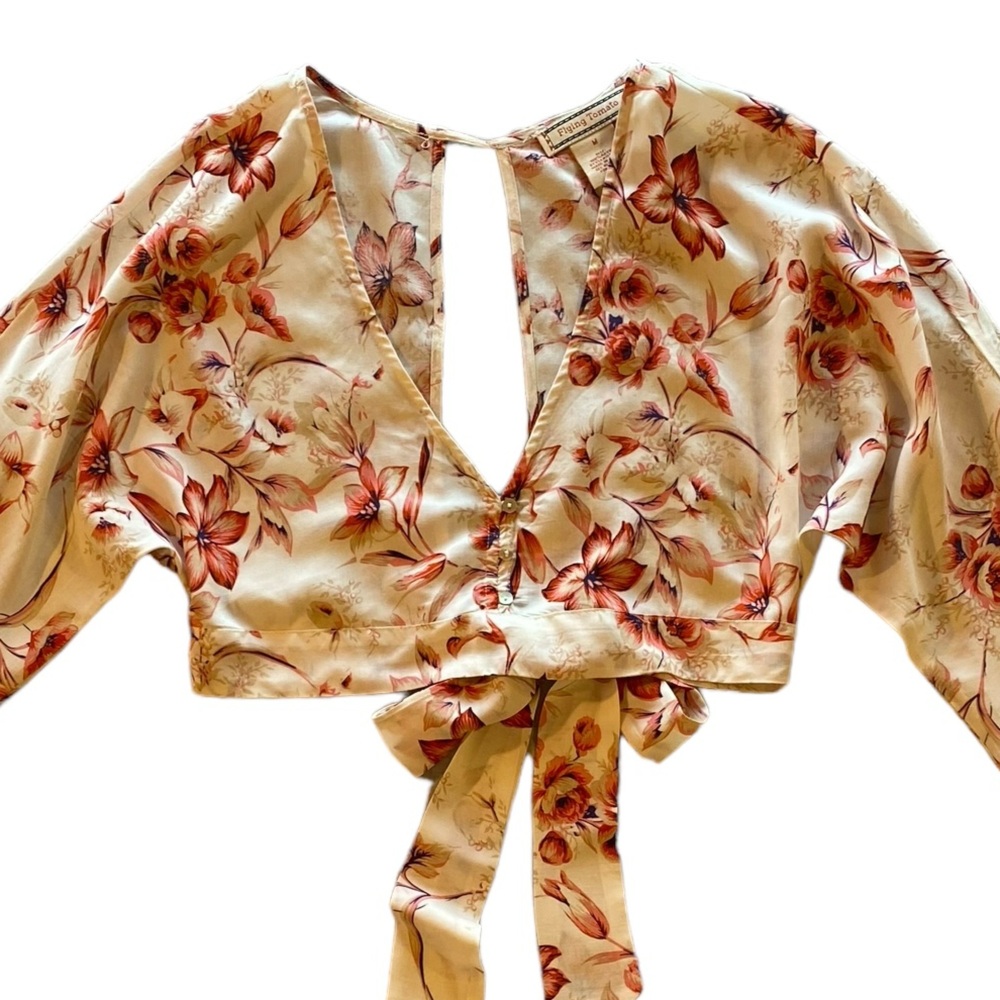 Flying Tomato Floral Long Sleeve Shirt Top Bow Buttons Size Medium